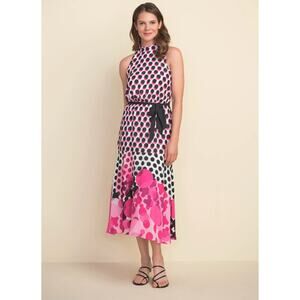 Joseph Ribkoff Halter Neck Dress Black & Pink Dots Tiered Skirt Tie Belt 6